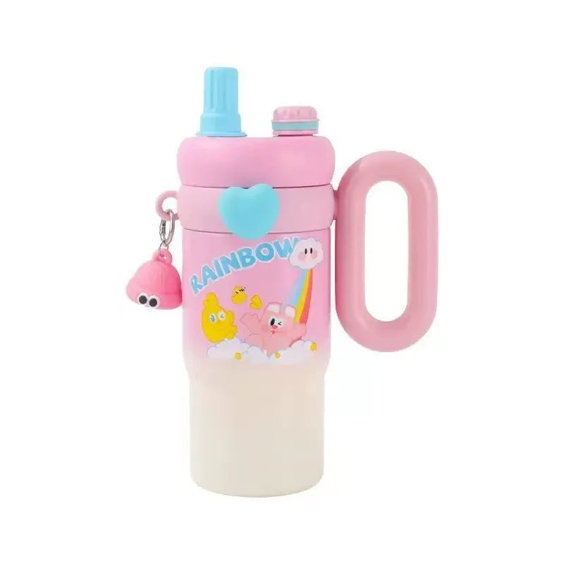 Large Capacity Straw Cup Cartoon Cute Double Drink Insulated Thermos for Students Children Women Portable Travel Water Bottle