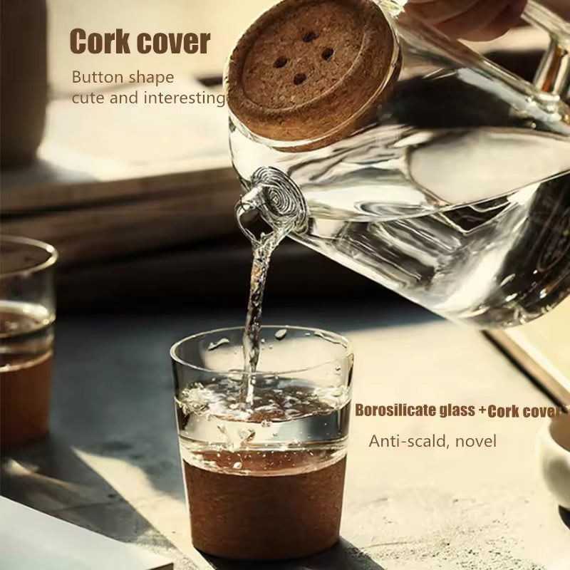 Glass Cork Water Kettle Wooden Cover Flower Teapot Heat-resistant Juice Cold With Lid Coffee Pitcher