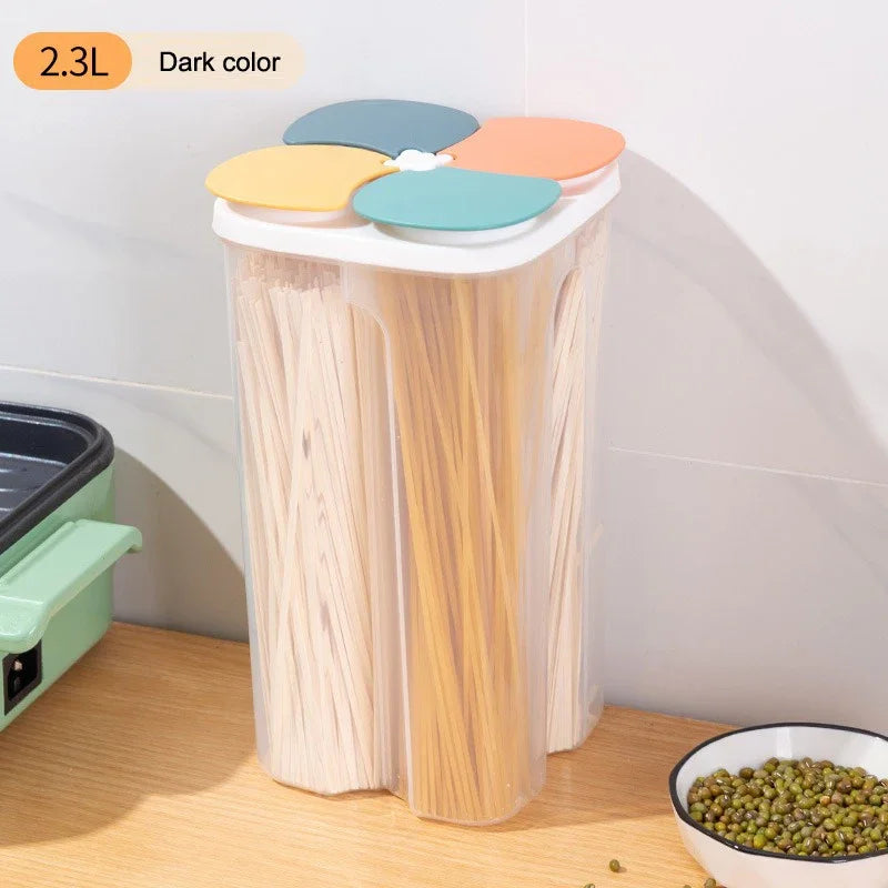 Kitchen Cereals Storage Box Plastic 4 Grids Sealed Jars 1.5L/2.3L Food Container Moisture-proof Grain Tank Keep Fresh Box