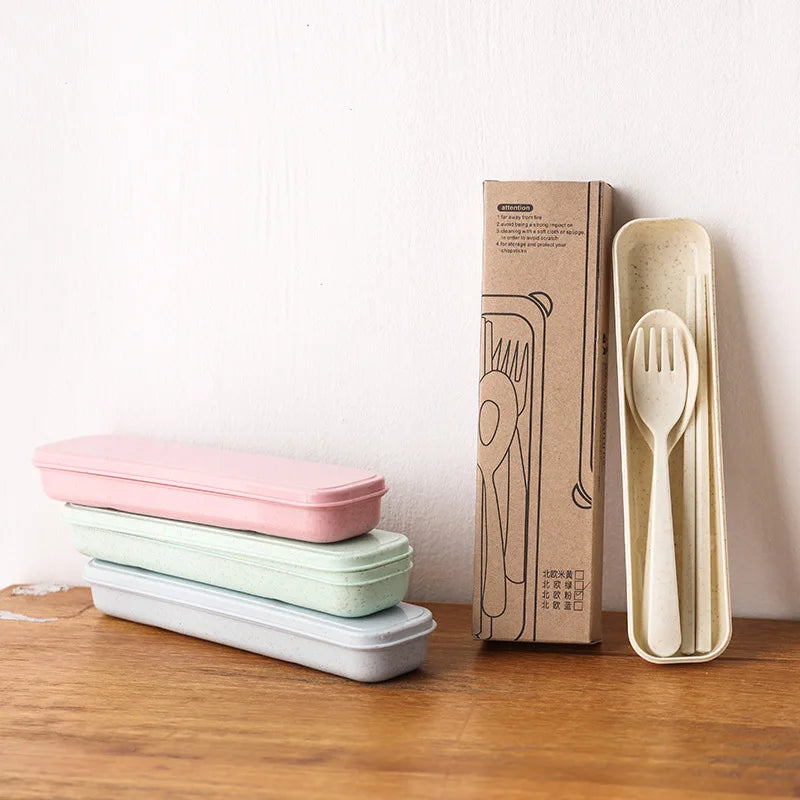 3Pcs/Set Portable Tableware Set Plastic Cutlery Sets Fork Spoon Chopsticks Suit Eco-friendly Reusable Travel Flatware With Box