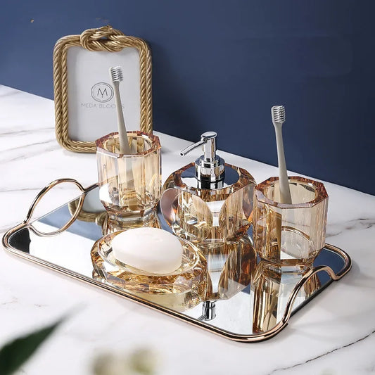 Bathroom Set Crystal Glass Liquid Soap Dispenser & Dish Toothbrush Holder Gargle Cup Luxury Birthday Presents Tabletop Ornaments