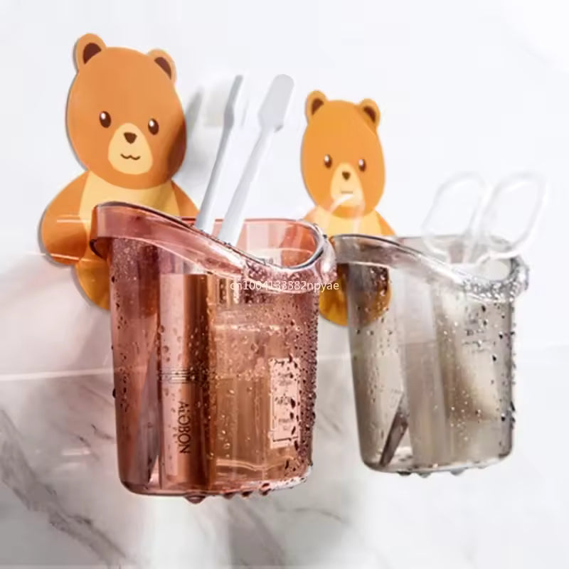 Bathroom Bear Hug Toothbrush Cup Toothpaste Storage Rack Bathroom Perforation-free Wall-mounted Drain Bear Storage Cups  teddy bear
