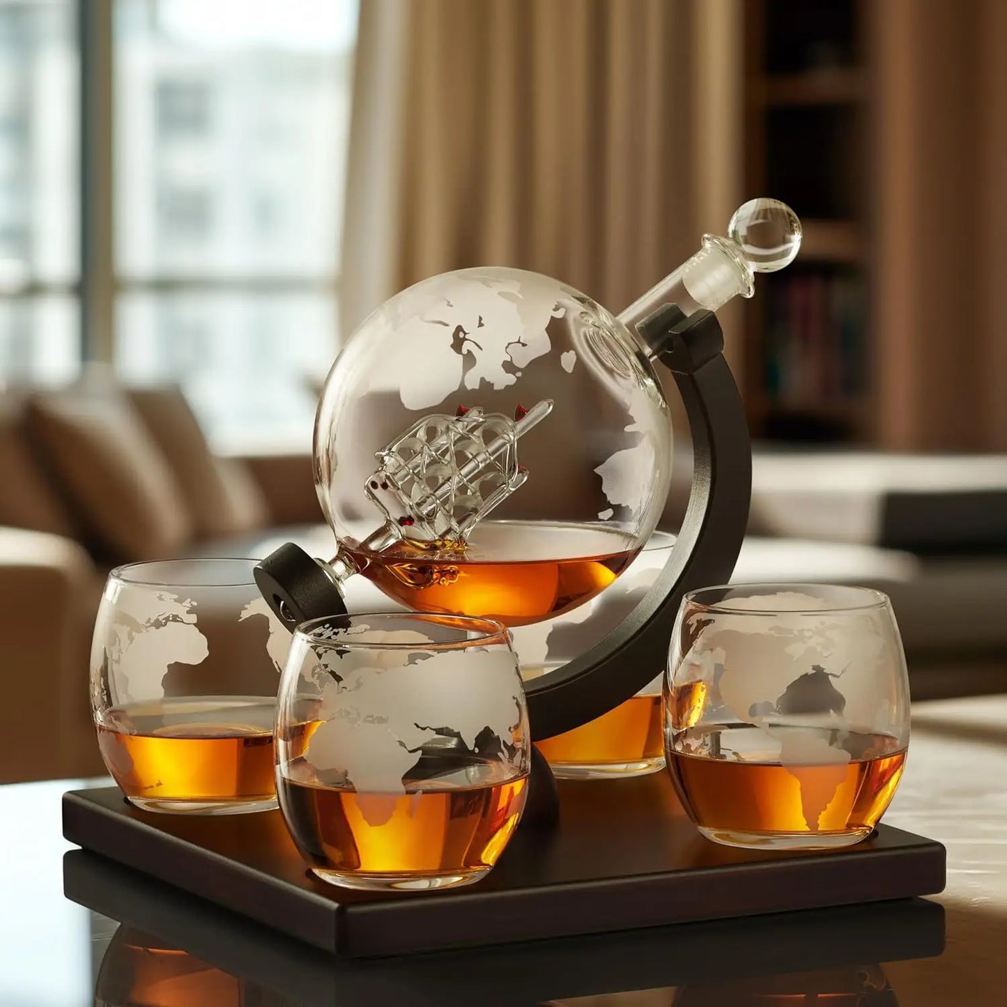 Special Whiskey Glass Decanter Sailboat Globe Decanter Wine Dispenser Glass Bottles Wooden Stand Bar Tools Bartending Set