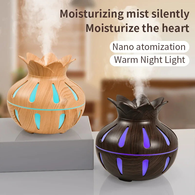 New Vintage Elegant Creative Wood Grain Flower Humidifier USB Mini Silent Home Office Desktop Colorful Wisp Empty Aroma Diffuser