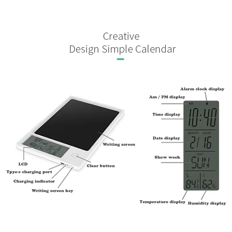 Compact Multi-Function Electronic Calendar Desktop Calendar LCD Handwriting Board Office Memo Desktop Ornament Calendar,Black Du
