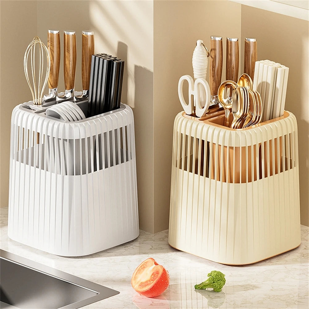Kitchen Multifunction Rotating Knife Rack Home Drainage Cutlery Knife Holder Chopstick Cylinder Durable Spoon Fork Storage Shelf