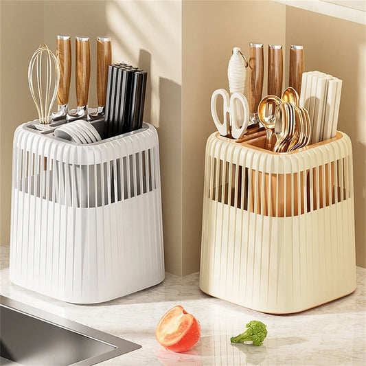 Kitchen Multifunction Rotating Knife Rack Home Drainage Cutlery Knife Holder Chopstick Cylinder Durable Spoon Fork Storage Shelf