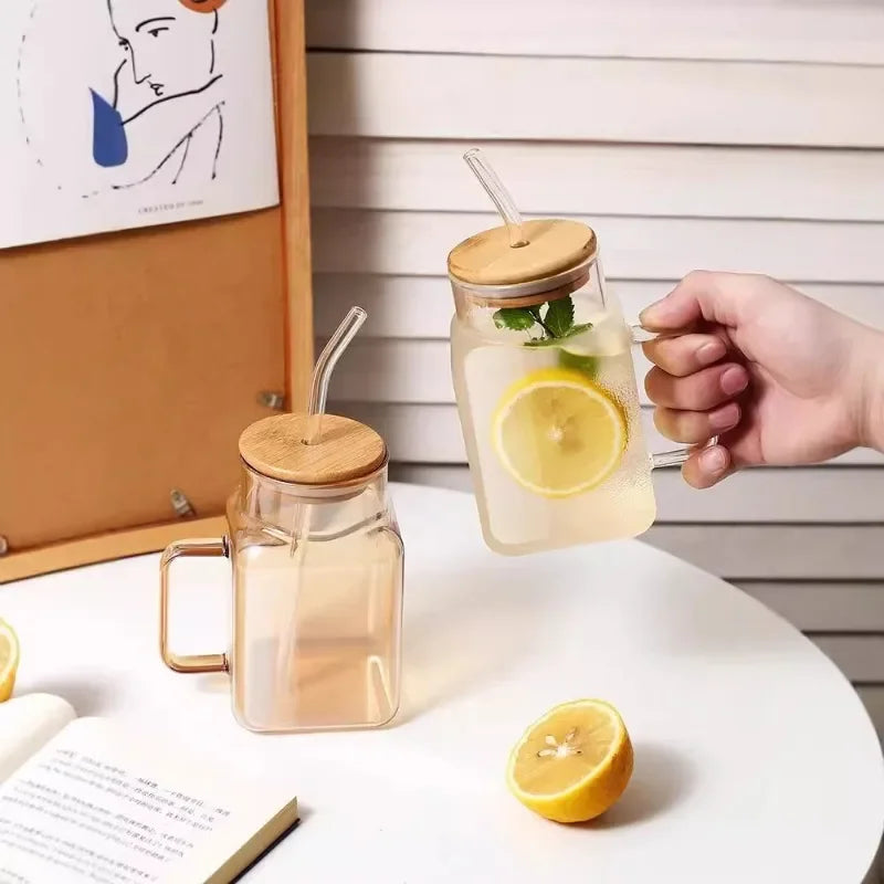 High Borosilicate Glass Cup Square with Lid and Straw Ins Wind Drinking Water Cup