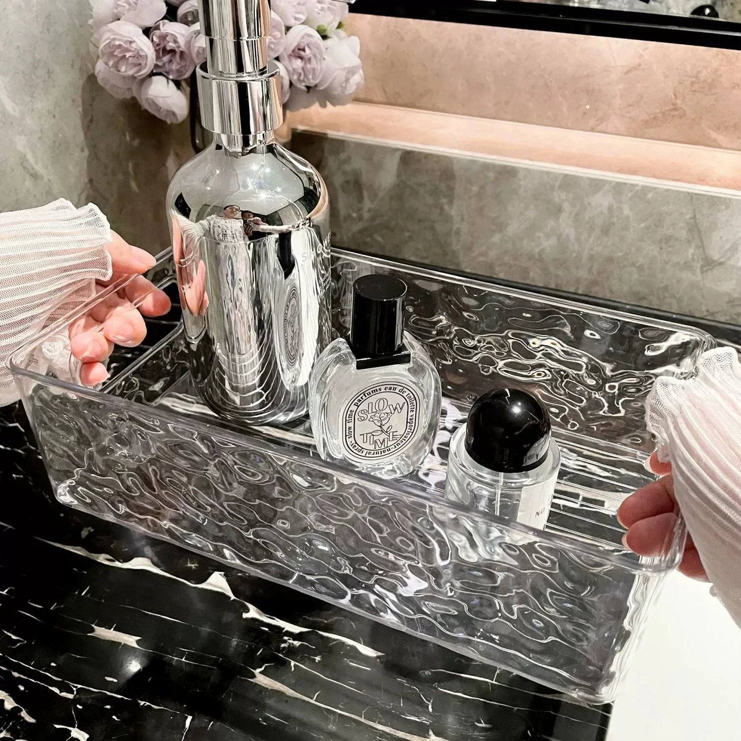 Glacier Patterned Cosmetics Storage Box, Light Luxury and High Beauty Bathroom Desktop Organizer Box, Plastic Storage Basket