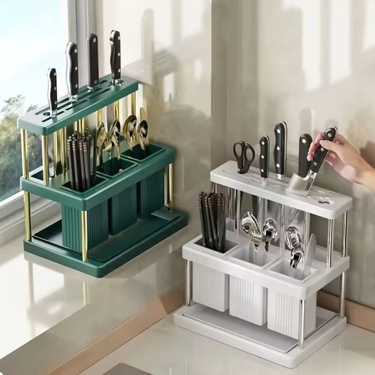 Multi-Use Cutlery Stand - Space-Efficient Organizer with Drain for Kitchen Tools