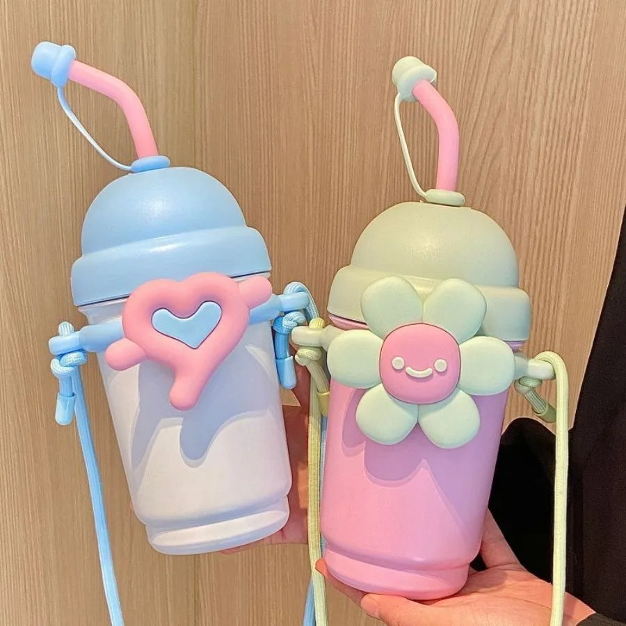 Netroots cartoon vacuum insulation cup female stainless steel high-color value with carry rope flowers milk tea cups