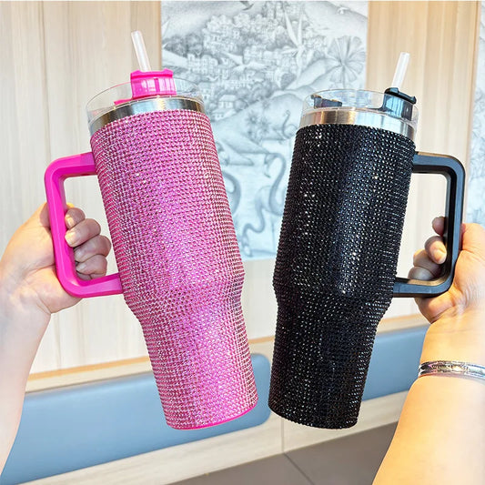 40oz Rhinestone Studded Diamond Bling Stainless Steel Tumbler with Handle Travel Vacuum Coffee Mug with Straws for Car Thermos