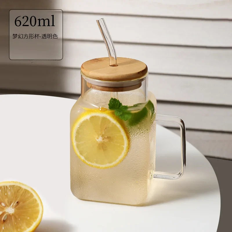 High Borosilicate Glass Cup Square with Lid and Straw Ins Wind Drinking Water Cup