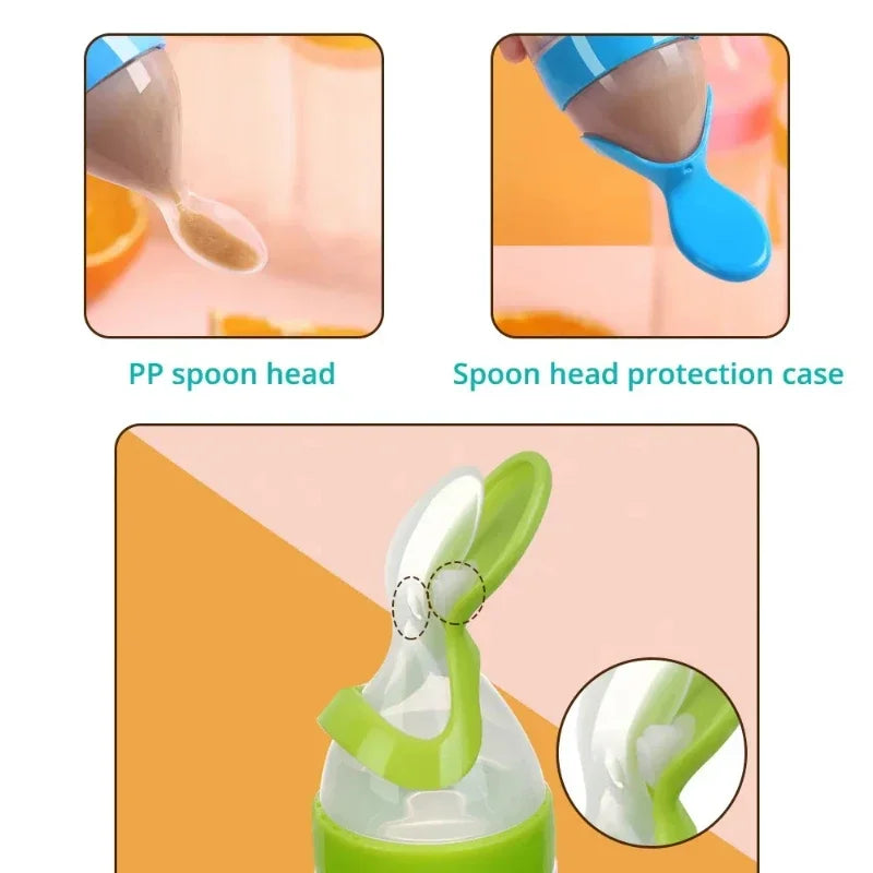 Squeeze Baby Bottle with Food Supplement Feeder and Training Spoon, Solids Silicone Baby Bottles Baby Feeding