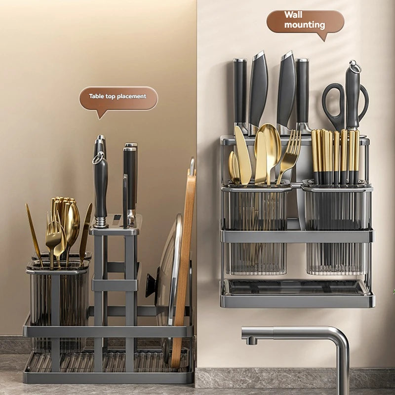 Kitchen Storage Shelf for Knife Chopsticks Forks Drain Storage Rack Metal Cutting Board Holder Multi-function Storage Rack