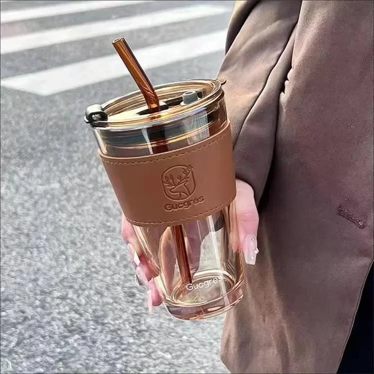 Glass water cup with straw, high aesthetic value coffee cup with leather cover, gray deer dual drink