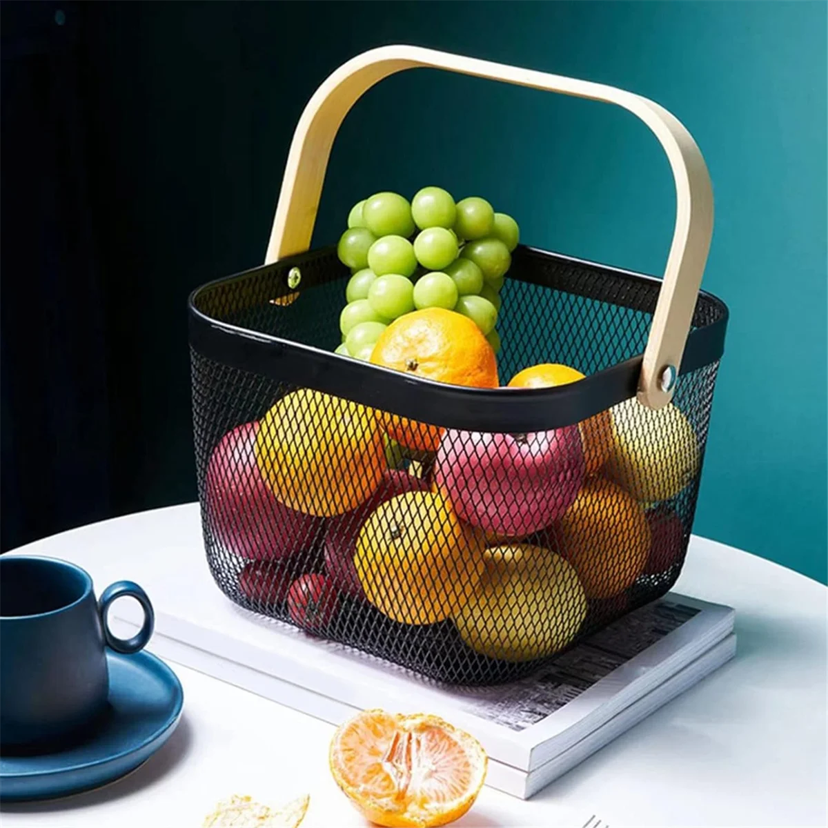 Metal Mesh Basket, Multi-Functional Hanging Kitchen Baskets Fruit Basket with Handle for Kitchen Bathroom Picnic Black