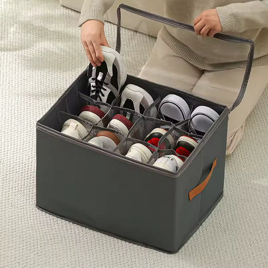 2Pcs Shoe Storage Box Foldable Dustproof Closet Shoe Organizer 12 Compartment with Clear Lid Household Clothes Box