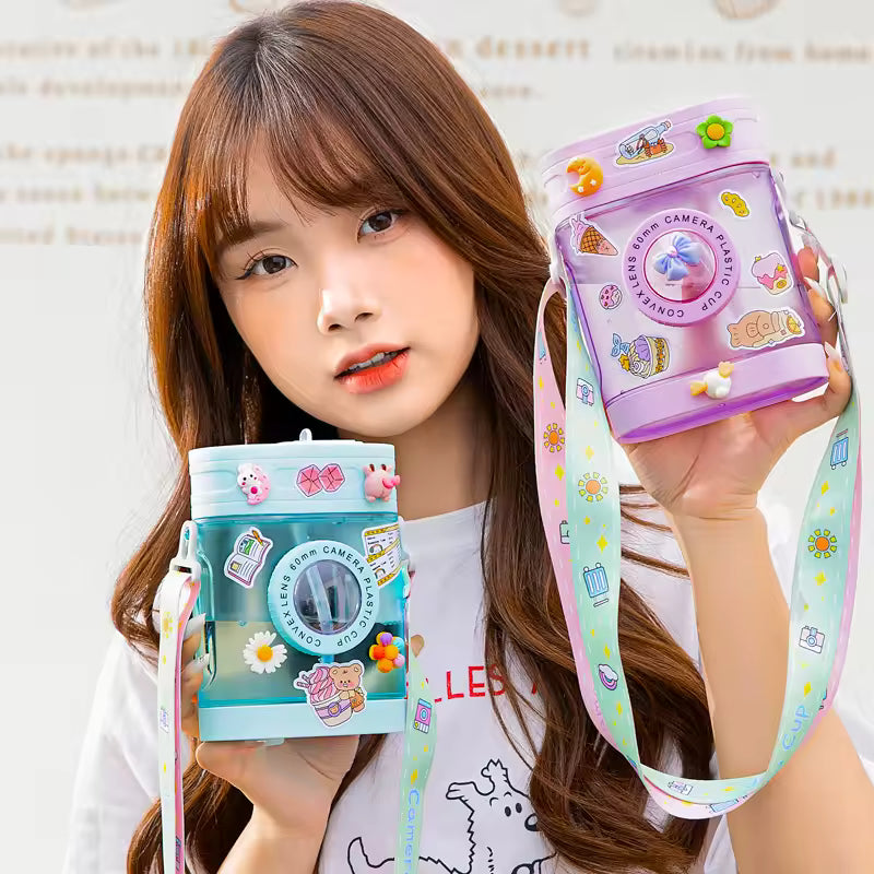 400ML Creative Camera Water Bottle Plastic Water Bottle for Girls Kawaii Straw Bottle with Sticker Strap Children Outdoor Kettle