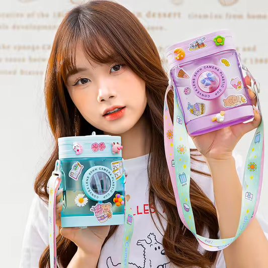400ML Creative Camera Water Bottle Plastic Water Bottle for Girls Kawaii Straw Bottle with Sticker Strap Children Outdoor Kettle