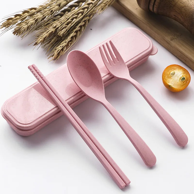 3Pcs/Set Portable Tableware Set Plastic Cutlery Sets Fork Spoon Chopsticks Suit Eco-friendly Reusable Travel Flatware With Box