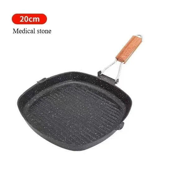 Portable Foldable Frying Pan Picnic Grill Pan Anti-scald Wooden Handle Outdoor Grill Pan Double Mouth Steak Pan(No Lid)