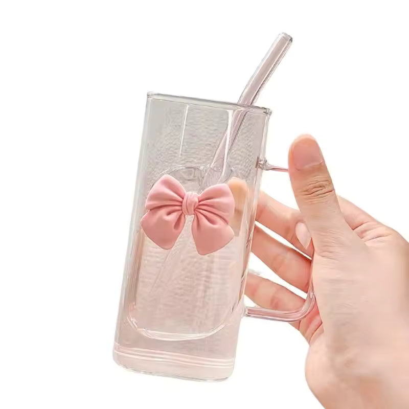 1PC Cute Doodle Coffee Mug Household Fruit Tea Lemonade Girls Gift Bow Glass Cute Water Cup Cartoon Bow Glass Cup Striped