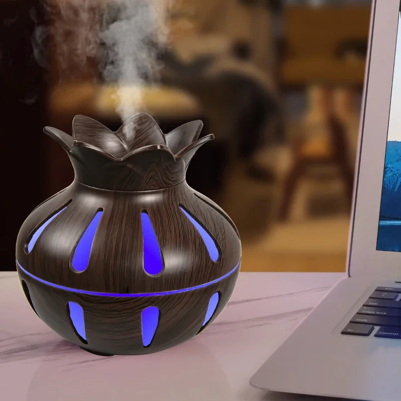 New Vintage Elegant Creative Wood Grain Flower Humidifier USB Mini Silent Home Office Desktop Colorful Wisp Empty Aroma Diffuser