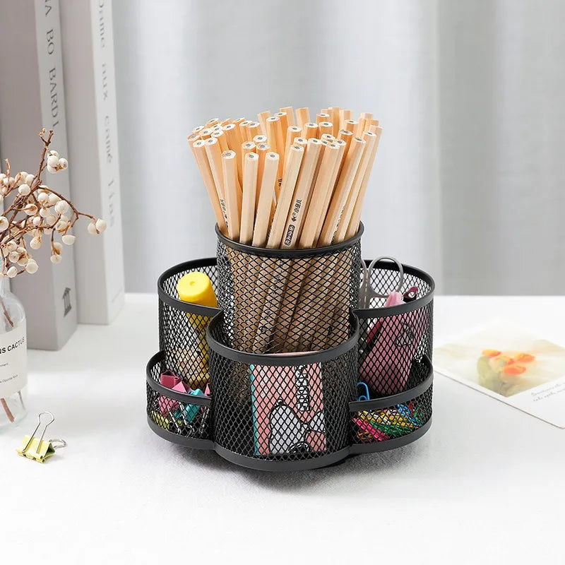 Metal Rotating Pen Holder - Iron Art Makeup Brush Storage Bucket Desktop Multi-Function Creative Organizer with 360° Spin Design