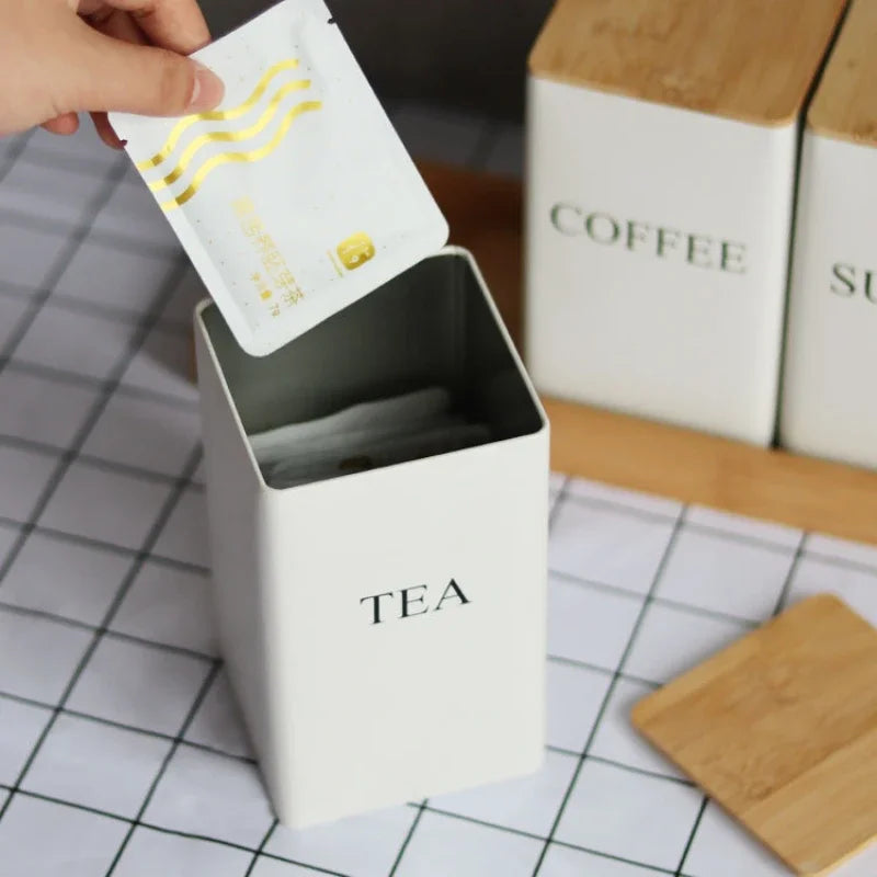 Simple Style Bamboo Cover Iron Art Storage Box Tea Can Storage Containers for Kitchen Display Square Jar Coffee Accessories Food