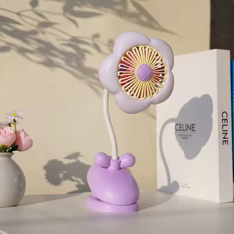Flower Shaped Mini USB Desktop Fan with Night Light Clip on Design for Office Charging Summer Air Conditioner Household Applianc