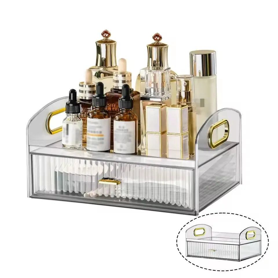 Makeup Organizer Countertop Clear Cosmetics Storage Boxes with Drawers & Portable Handle For Vanity Skincare Desktop Bathroom