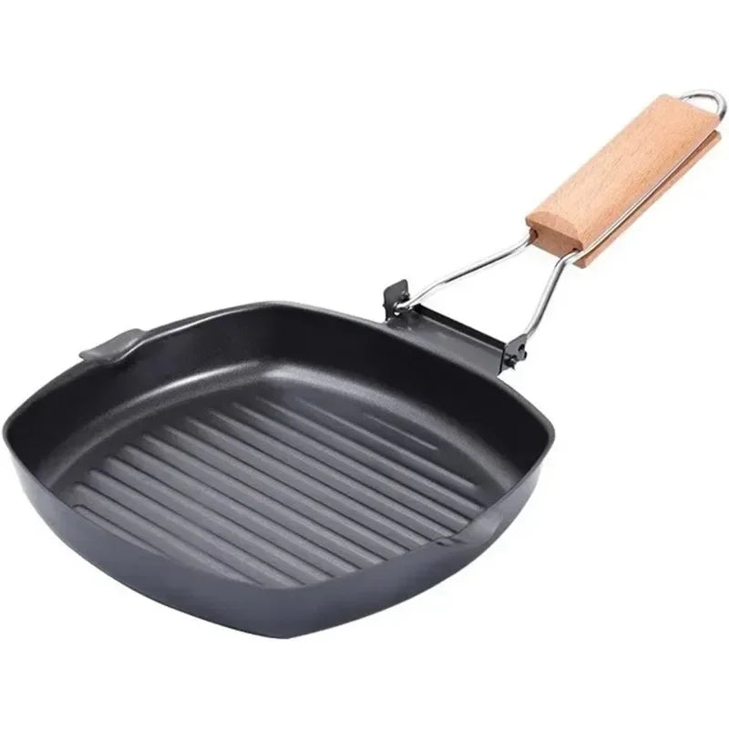 Portable Foldable Frying Pan Picnic Grill Pan Anti-scald Wooden Handle Outdoor Grill Pan Double Mouth Steak Pan(No Lid)