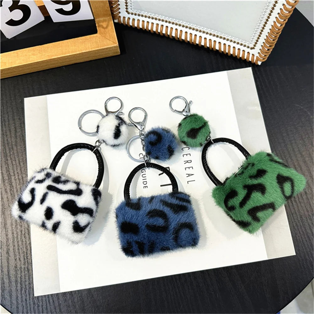 Creative Leopard Bag Pendant Keychain Cute Plush Soft Handbag Charms With Hair Ball Car Trinket Keyring Moto Accessories Gift