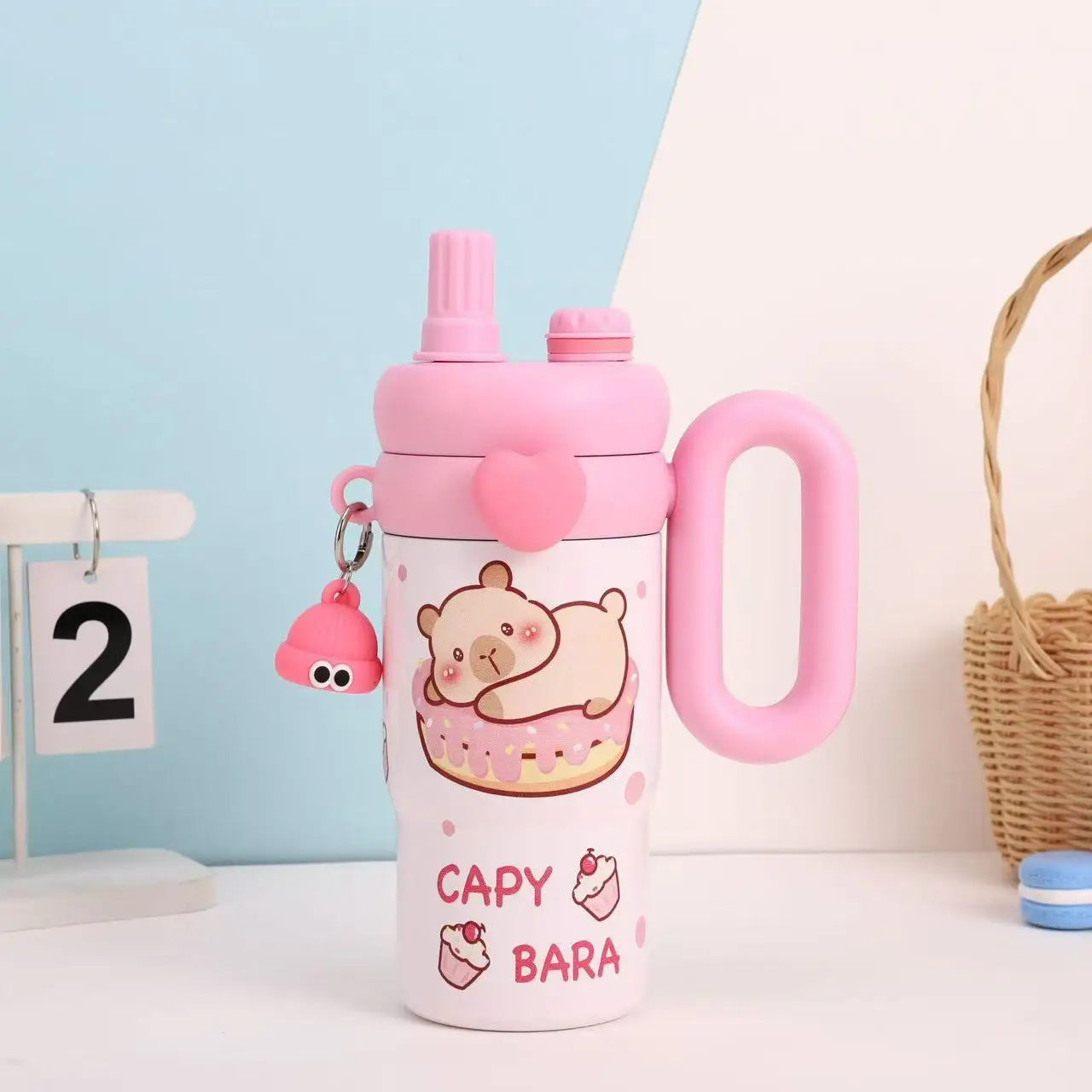 Large Capacity Straw Cup Cartoon Cute Double Drink Insulated Thermos for Students Children Women Portable Travel Water Bottle