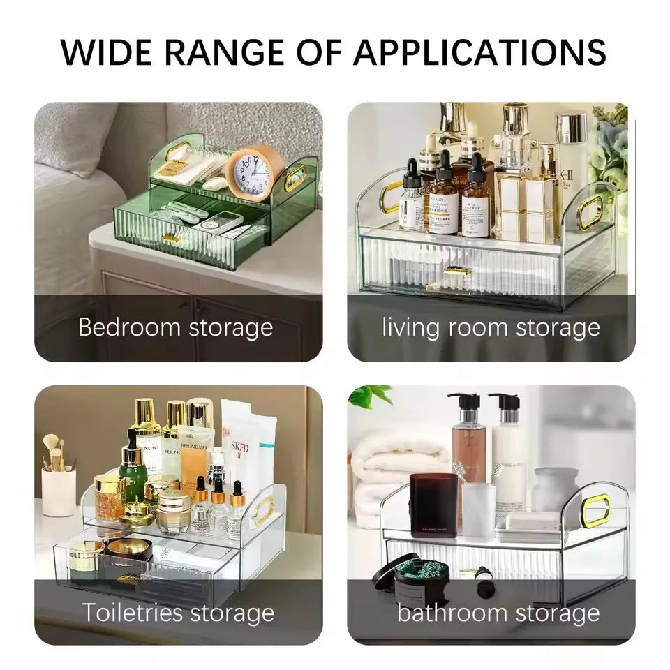 Makeup Organizer Countertop Clear Cosmetics Storage Boxes with Drawers & Portable Handle For Vanity Skincare Desktop Bathroom
