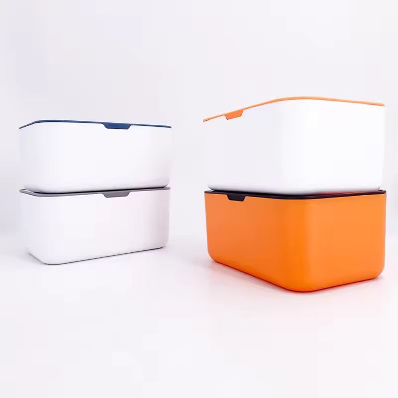 Clarify.pk wet wipes dispenser with lid in white and orange stackable tissue cases
