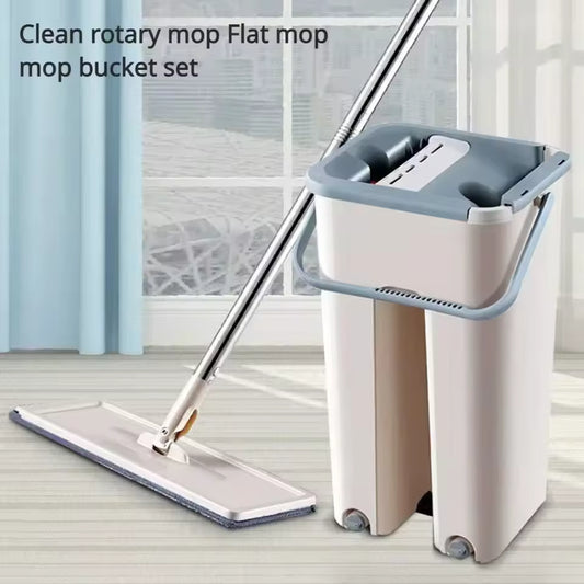 Flat Squeeze Mop with Bucket Hand Free Wringing Floor Cleaning Mop Microfiber Mop Pads Wet or Dry Usage on Hardwood Laminate