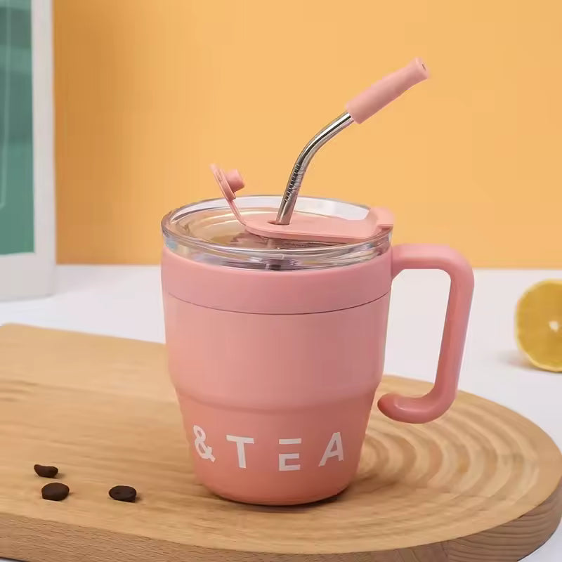 Cold for Straw Lid Bottle Outdoor Mug Thermos Hot with Tea Stainless 480ml Steel Drinks Milk Portable Water Cup Office Coffee