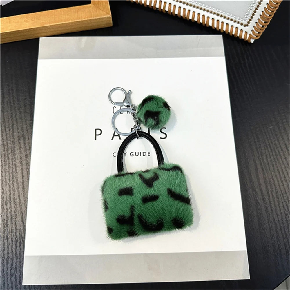 Creative Leopard Bag Pendant Keychain Cute Plush Soft Handbag Charms With Hair Ball Car Trinket Keyring Moto Accessories Gift