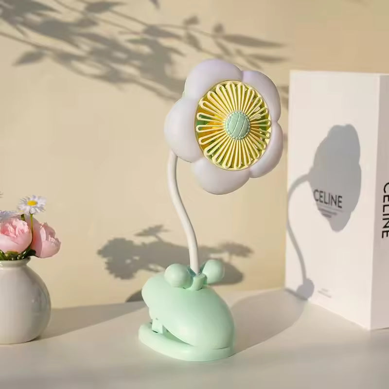Flower Shaped Mini USB Desktop Fan with Night Light Clip on Design for Office Charging Summer Air Conditioner Household Applianc