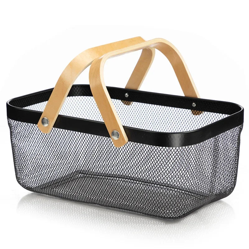 Nordic Metal Rectangular Basket Small Basket Vegetable Fruit Basket Wooden Handle Kitchen Bathroom Storage Accessorie