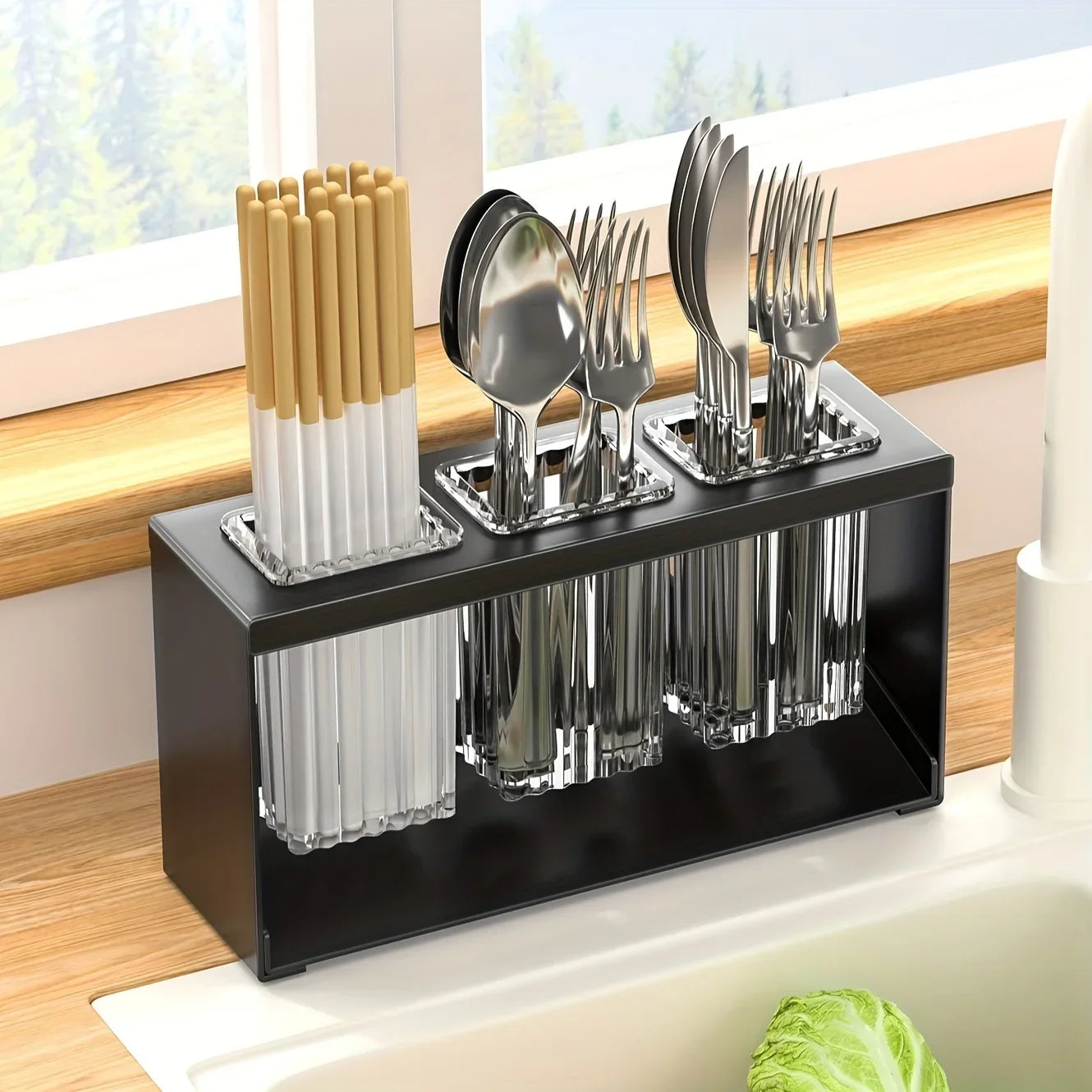 1pc Stainless Steel Multifunctional Kitchen Utensil Holder with Drainage and Transparent - Chopsticks, Knives, Forks & Spoons