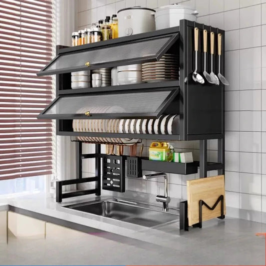 Kitchen sink drain rack double layer dishwasher sink countertop dustproof chopsticks tube knife cupboard
