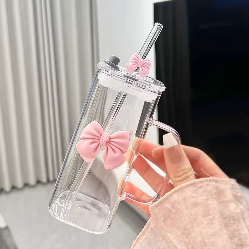 1PC Cute Doodle Coffee Mug Household Fruit Tea Lemonade Girls Gift Bow Glass Cute Water Cup Cartoon Bow Glass Cup Striped