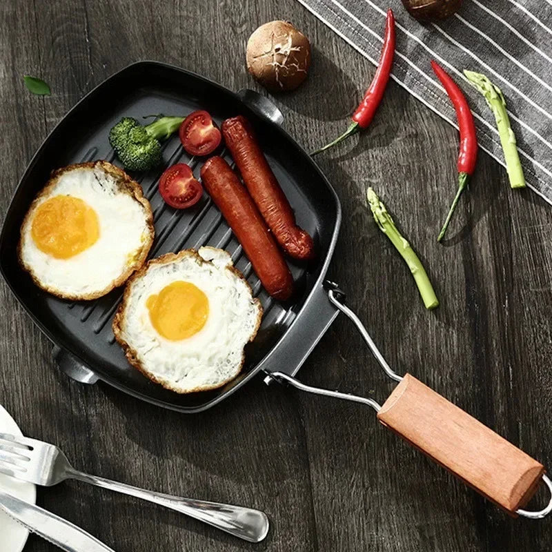 Portable Foldable Frying Pan Picnic Grill Pan Anti-scald Wooden Handle Outdoor Grill Pan Double Mouth Steak Pan(No Lid)