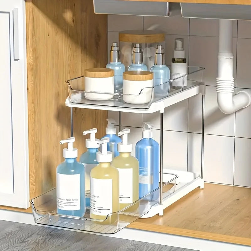 Pull-Out Organizer 2-Tier Clear Under Sink Organizer Storage Rack with Adjustable Dividers for Kitchen and Bathroom Organizers