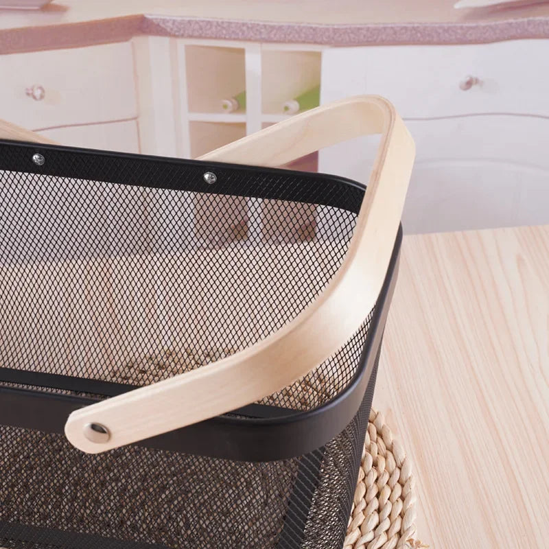 Nordic Metal Rectangular Basket Small Basket Vegetable Fruit Basket Wooden Handle Kitchen Bathroom Storage Accessorie