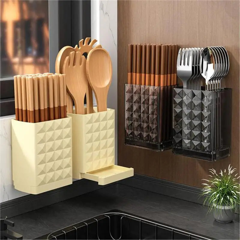 Drillable Storage Rack Wall-Mounted Storage Boxes Kitchen Chopsticks Spoon Drain Rack Self-Adhesive Bathroom Cosmetics Holder