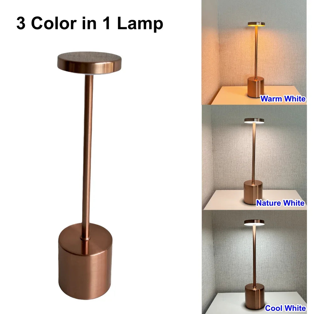 3 Colors Rechargeable Alloy Cordless LED Table Lamp Touch Switch Night Light Nordic Style Home Bar Restaurant Ambiance Desk Lamp